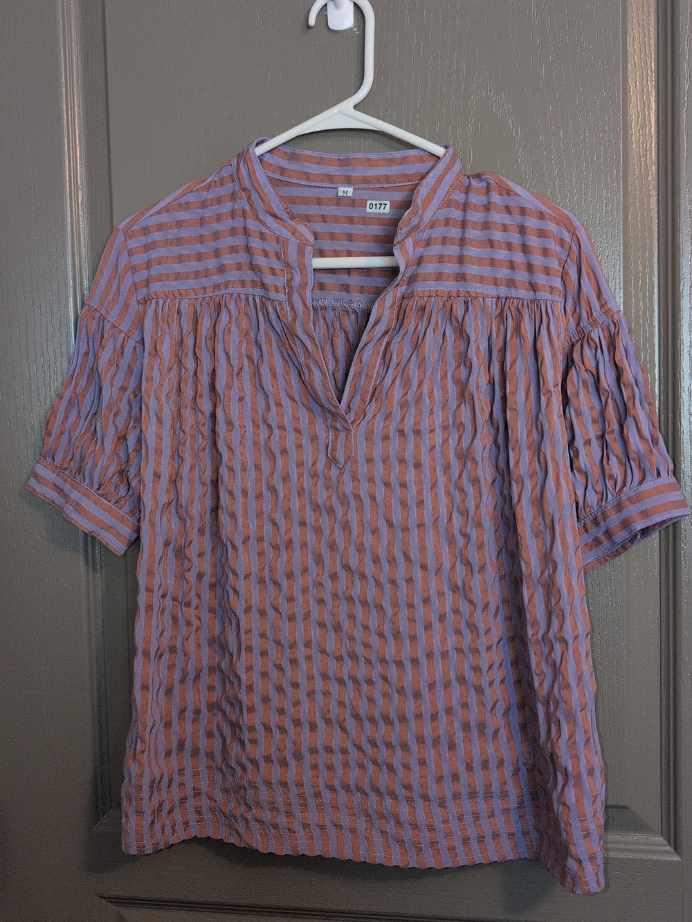 Striped Pink and Lavender Split-Neck Blouse